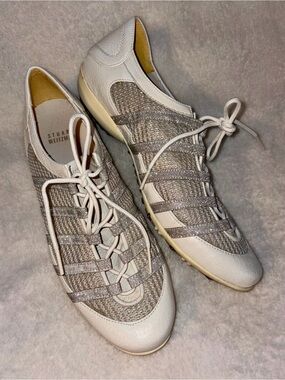 Stuart Weitzman Leather Sneakers White & Silver Mesh Sz 6.5